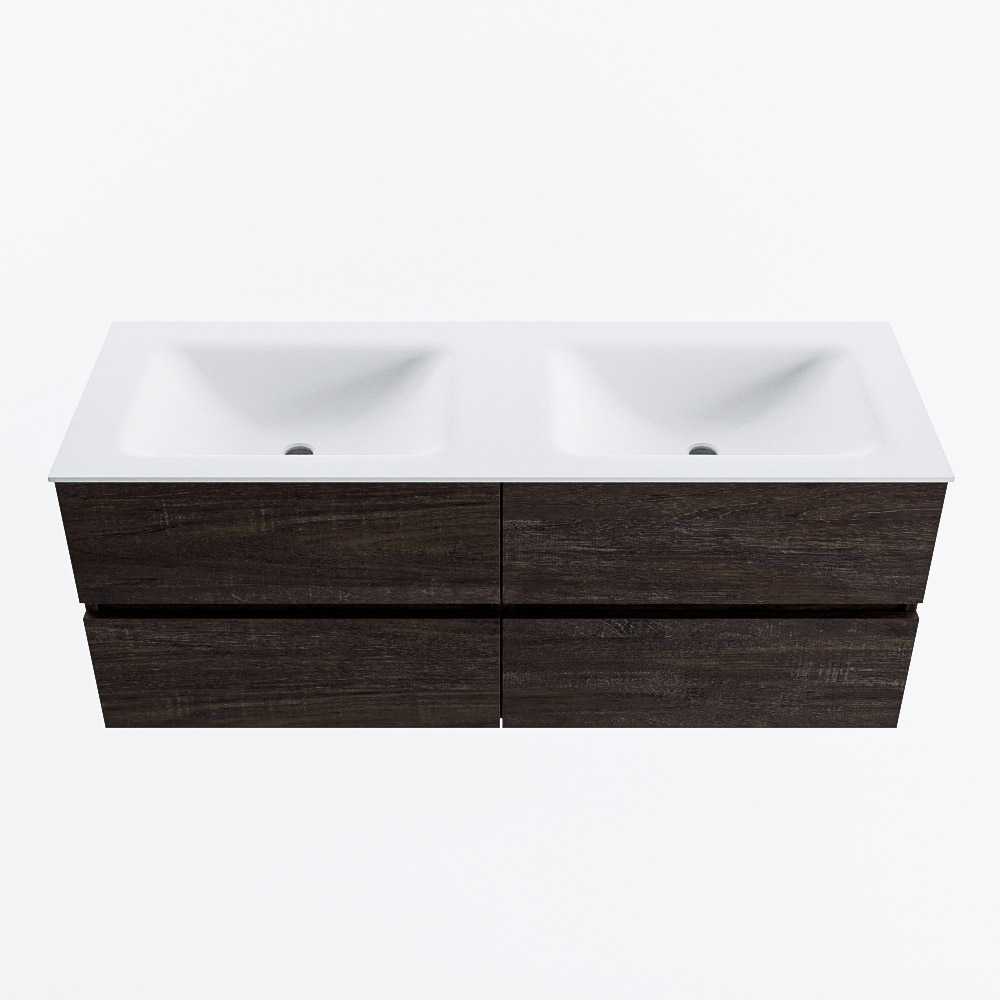 Mondiaz VICA 130cm badmeubel onderkast Dark Brown 4 lades. Wastafel CLOUD dubbel zonder kraangat, kleur Talc.