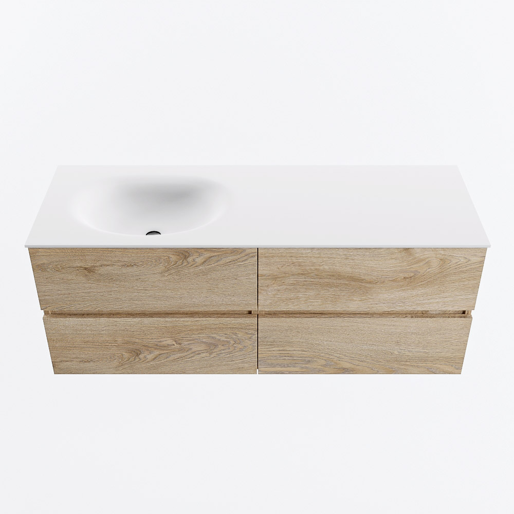 Mondiaz VICA 130cm badmeubel onderkast Washed Oak 4 lades. Wastafel MOON links 1 kraangat, kleur Talc.
