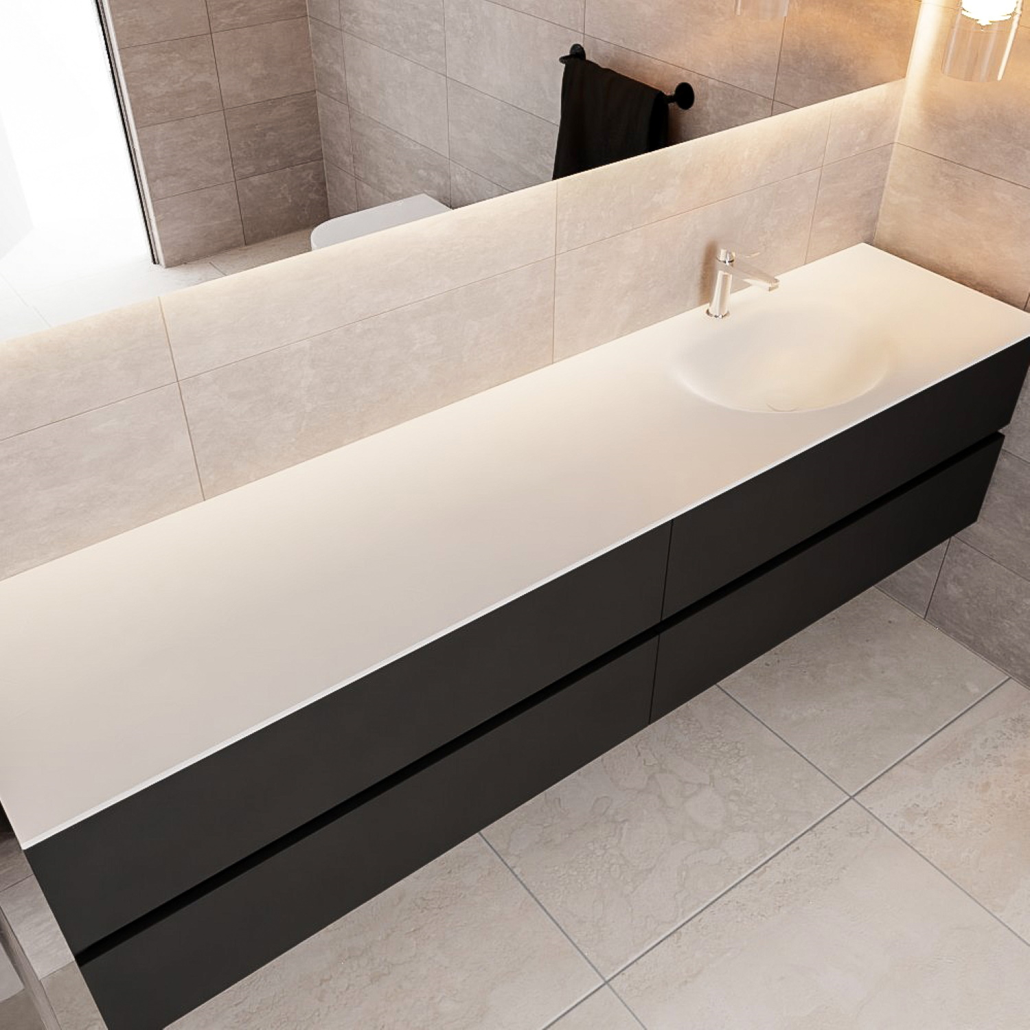 Boss & Wessing Badkamermeubel Solid Surface BWS Stockholm 200x45 cm Mat Zwart Urban Rechts (1 kraangat, 4 lades)