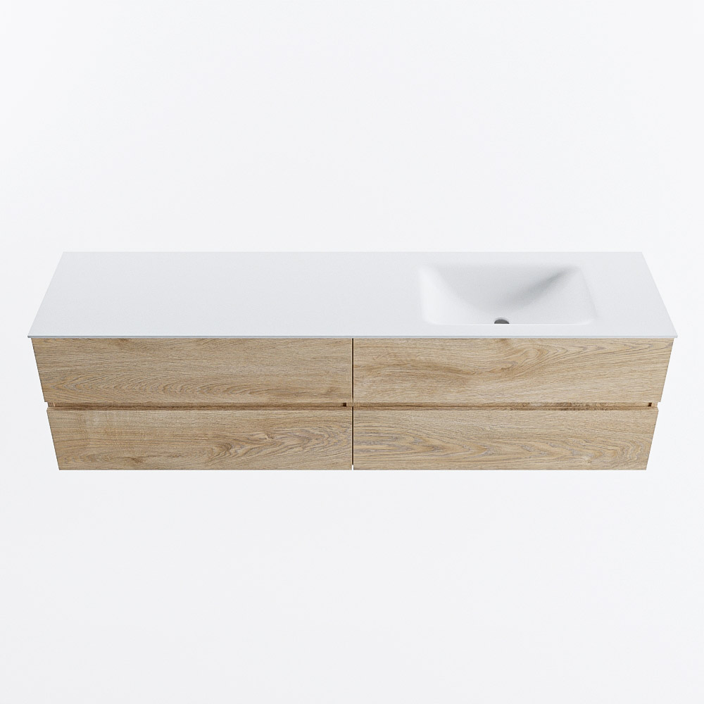 Mondiaz VICA 180cm badmeubel onderkast Washed Oak 4 lades. Wastafel CLOUD rechts zonder kraangat, kleur Talc.