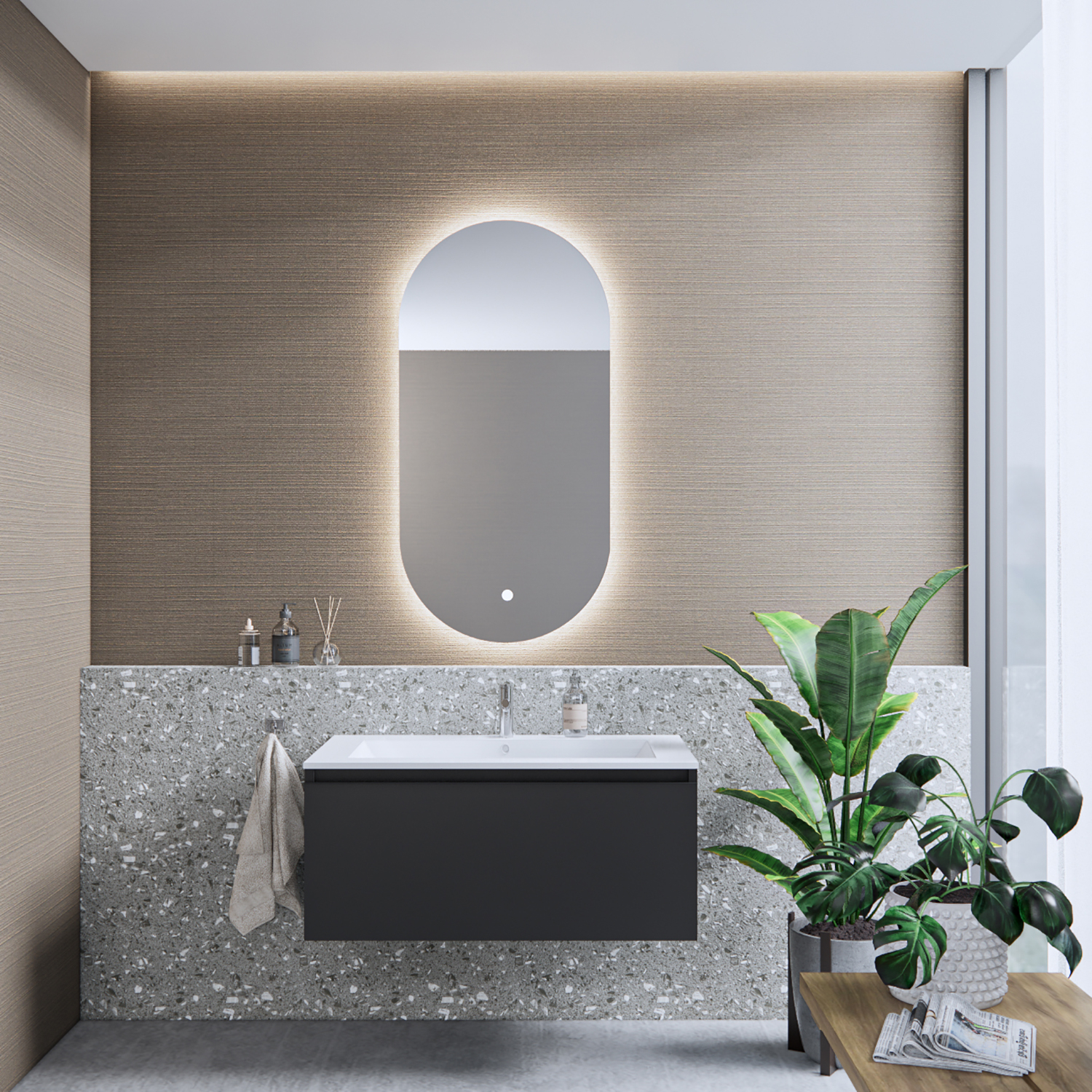 Boss & Wessing Badkamermeubelset BWS Anubis 90cm 1 Lade Mat Zwart Met Wastafel (Naar Keuze)