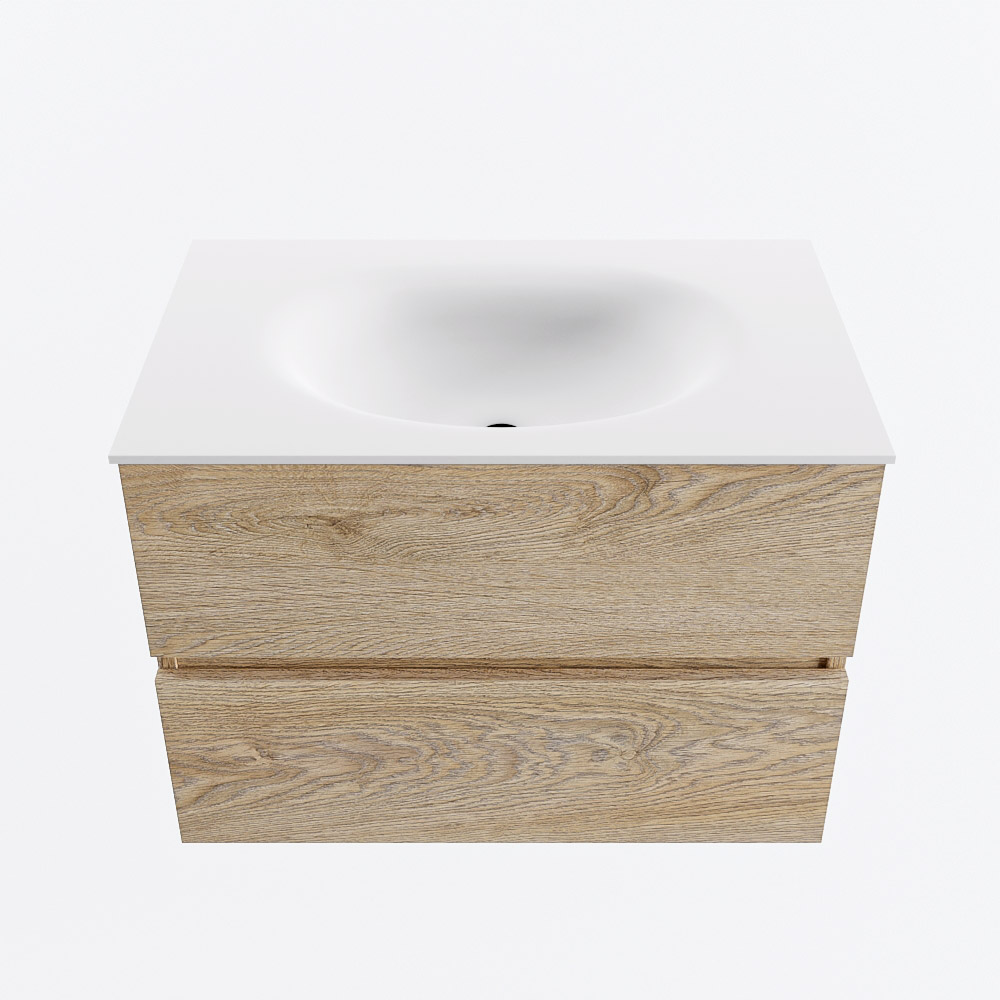 Mondiaz VICA 70cm badmeubel onderkast Washed Oak 2 lades. Wastafel MOON midden 1 kraangat, kleur Talc.