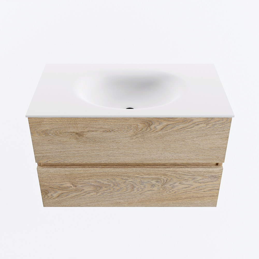 Mondiaz VICA 80cm badmeubel onderkast Washed Oak 2 lades. Wastafel MOON midden zonder kraangat, kleur Talc.