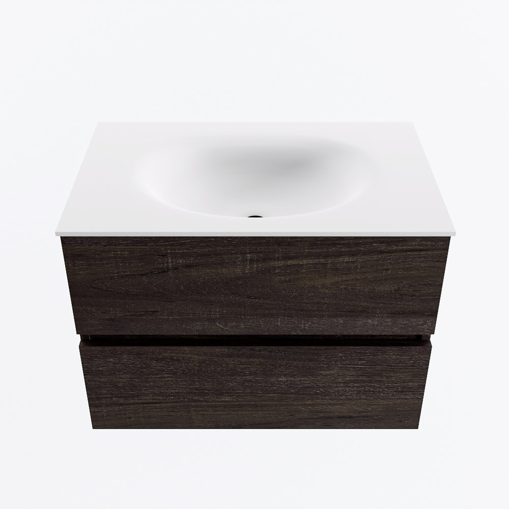 Mondiaz VICA 70cm badmeubel onderkast Dark Brown 2 lades. Wastafel MOON midden zonder kraangat, kleur Talc.