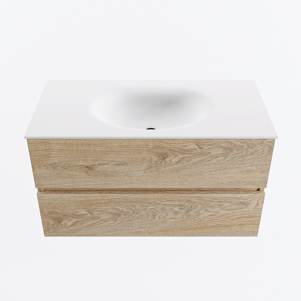 Mondiaz VICA 90cm badmeubel onderkast Washed Oak 2 lades. Wastafel MOON midden zonder kraangat, kleur Talc.