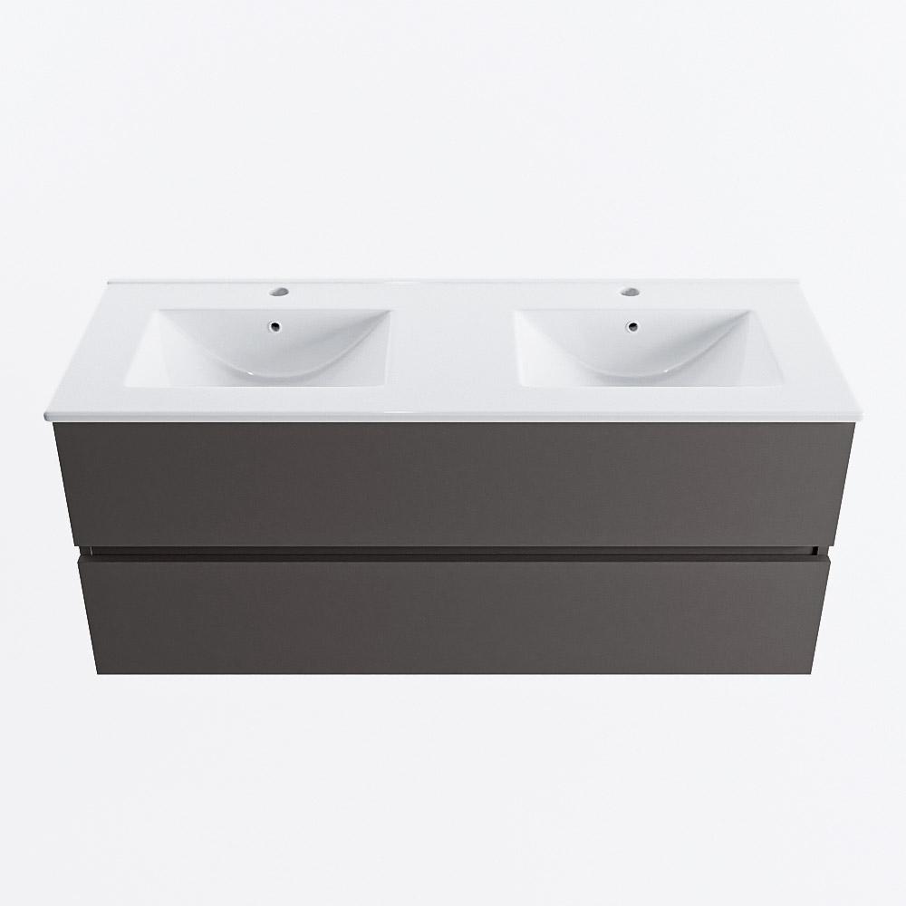 Mondiaz VICA 120cm badmeubel onderkast Dark Grey 2 lades. Wastafel DENIA dubbel 2 kraangaten, kleur Glanzend Wit.