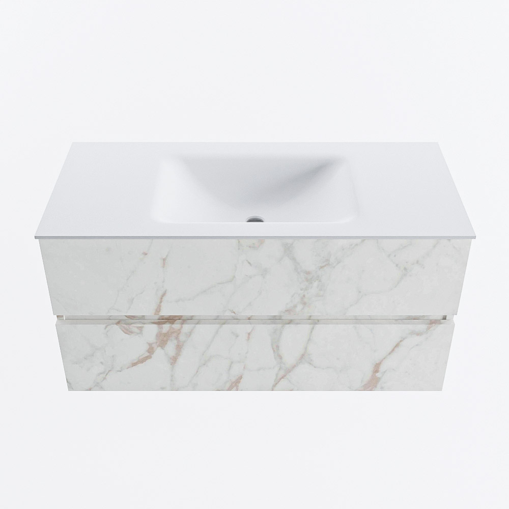 Mondiaz VICA 100cm badmeubel onderkast Carrara 2 lades. Wastafel CLOUD midden zonder kraangat, kleur Talc.