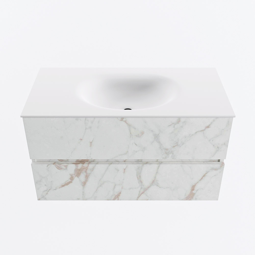 Mondiaz VICA 90cm badmeubel onderkast Carrara 2 lades. Wastafel MOON midden 1 kraangat, kleur Talc.