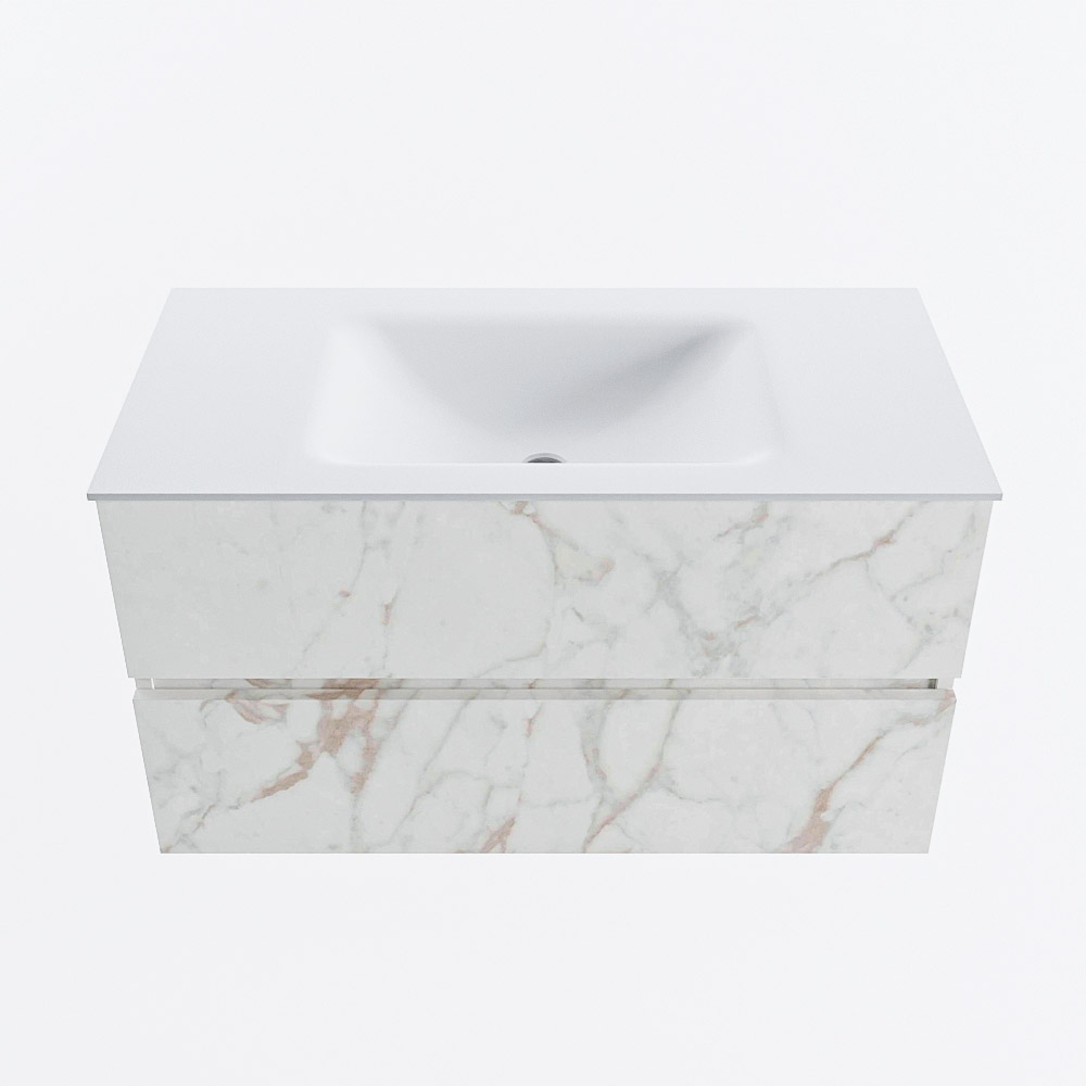 Mondiaz VICA 90cm badmeubel onderkast Carrara 2 lades. Wastafel CLOUD midden zonder kraangat, kleur Talc.