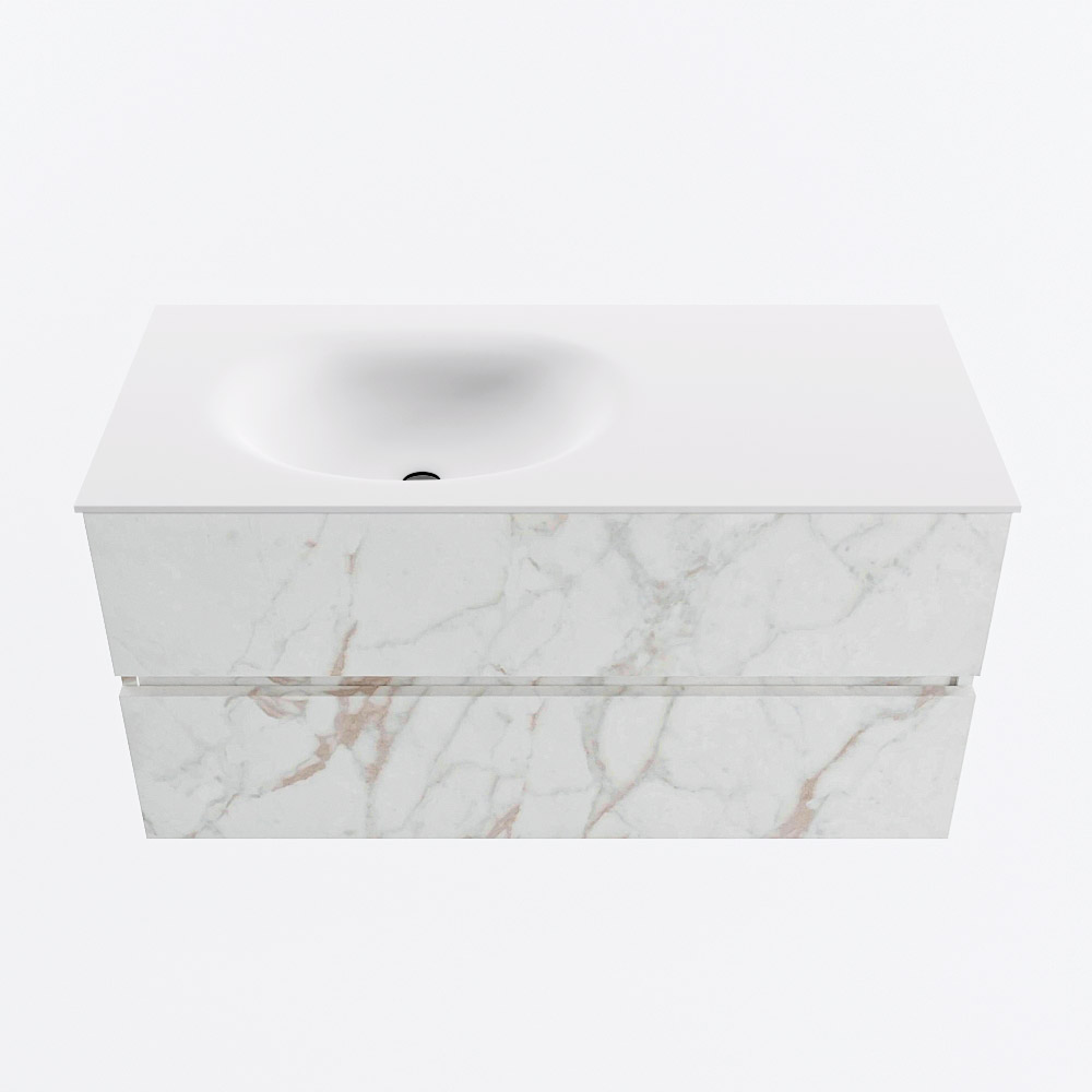 Mondiaz VICA 100cm badmeubel onderkast Carrara 2 lades. Wastafel MOON links zonder kraangat, kleur Talc.