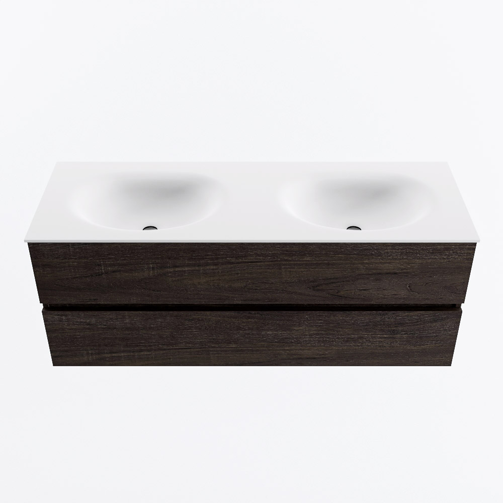 Mondiaz VICA 130cm badmeubel onderkast Dark Brown 2 lades. Wastafel MOON dubbel zonder kraangat, kleur Talc.