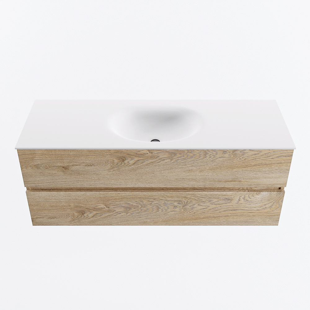 Mondiaz VICA 130cm badmeubel onderkast Washed Oak 2 lades. Wastafel MOON midden zonder kraangat, kleur Talc.