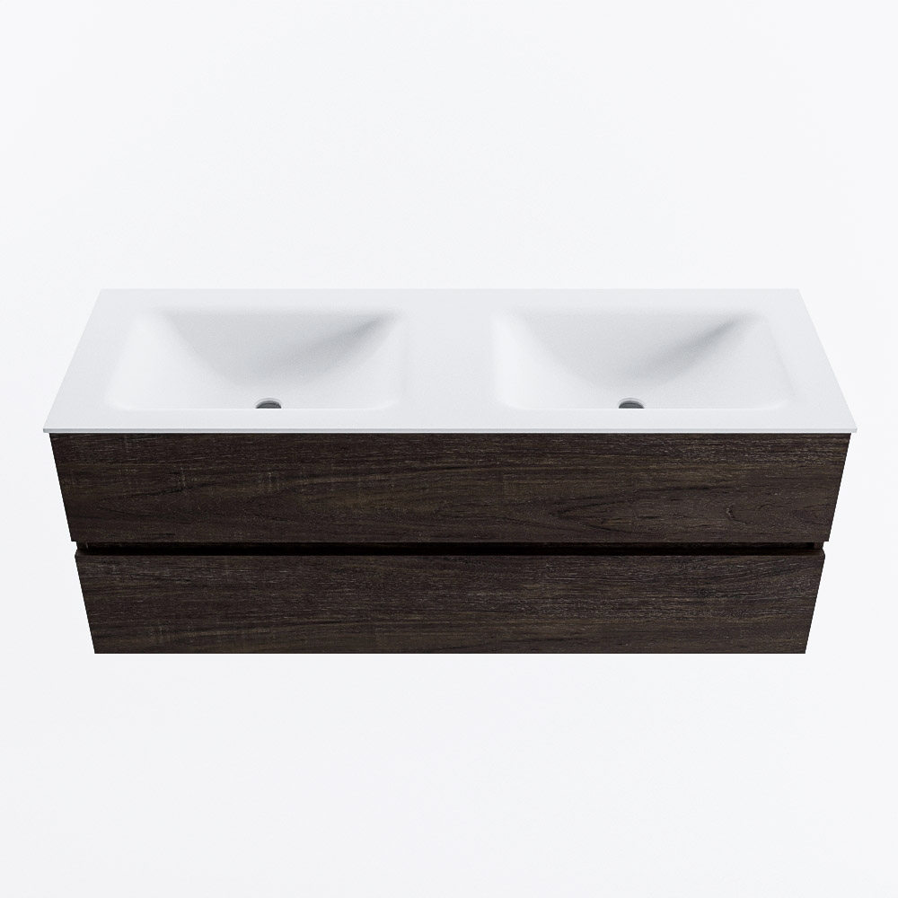 Mondiaz VICA 130cm badmeubel onderkast Dark Brown 2 lades. Wastafel CLOUD dubbel zonder kraangat, kleur Talc.