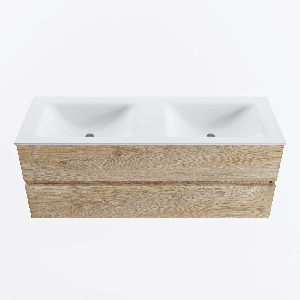 Mondiaz VICA 130cm badmeubel onderkast Washed Oak 2 lades. Wastafel CLOUD dubbel zonder kraangat, kleur Talc.