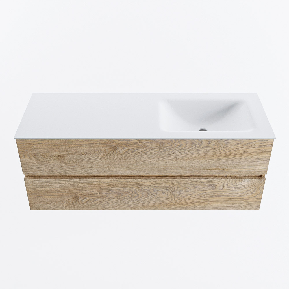 Mondiaz VICA 130cm badmeubel onderkast Washed Oak 2 lades. Wastafel CLOUD rechts 1 kraangat, kleur Talc.