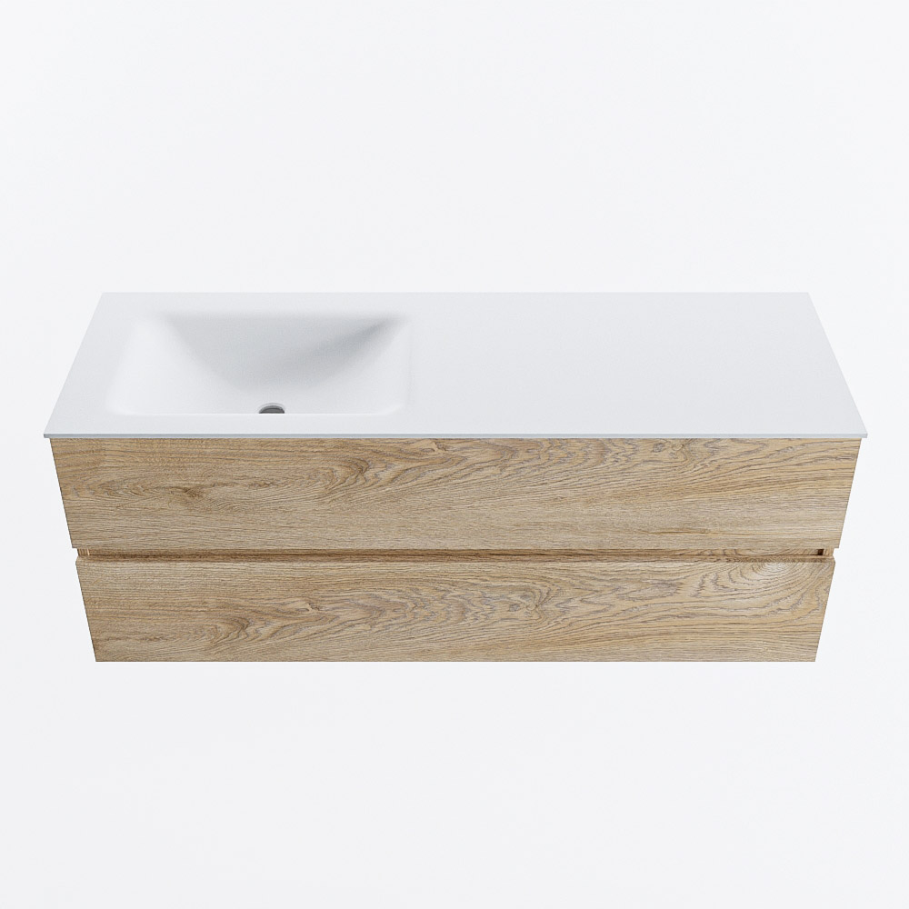 Mondiaz VICA 130cm badmeubel onderkast Washed Oak 2 lades. Wastafel CLOUD links 1 kraangat, kleur Talc.