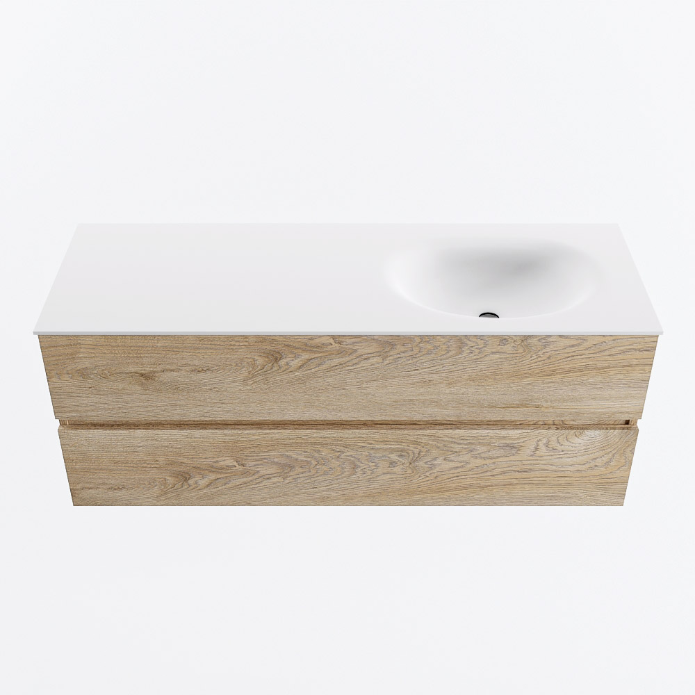 Mondiaz VICA 130cm badmeubel onderkast Washed Oak 2 lades. Wastafel MOON rechts 1 kraangat, kleur Talc.