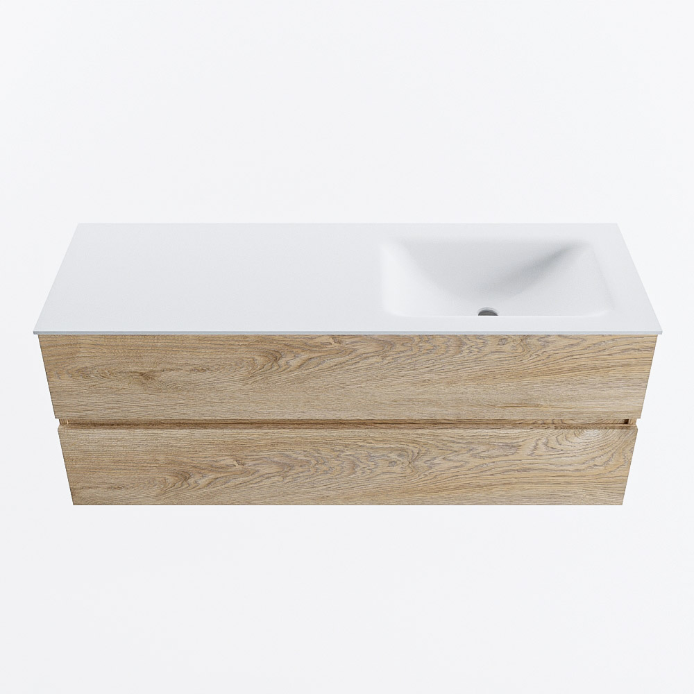 Mondiaz VICA 130cm badmeubel onderkast Washed Oak 2 lades. Wastafel CLOUD rechts zonder kraangat, kleur Talc.