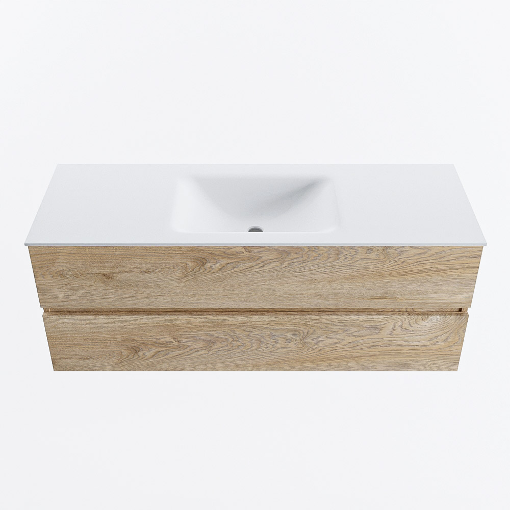 Mondiaz VICA 130cm badmeubel onderkast Washed Oak 2 lades. Wastafel CLOUD midden zonder kraangat, kleur Talc.