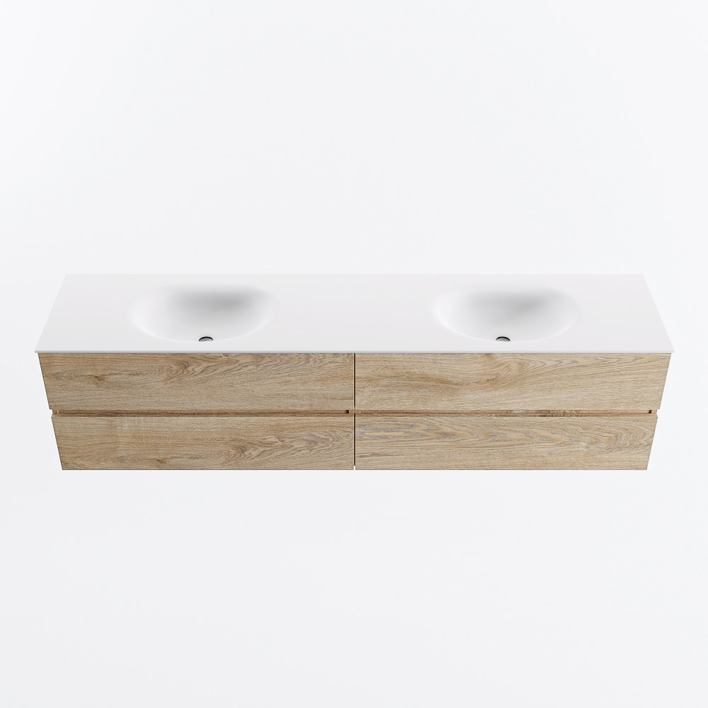 Mondiaz VICA 200cm badmeubel onderkast Washed Oak 4 lades. Wastafel MOON dubbel 2 kraangaten, kleur Talc.