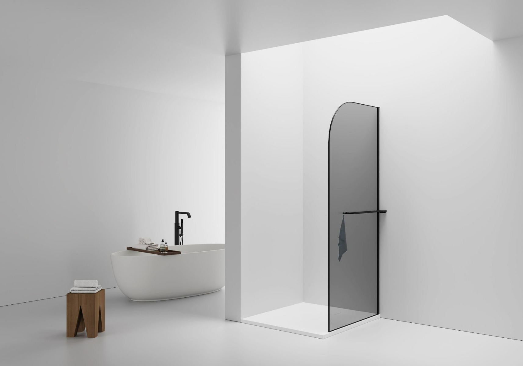 SaniGoods Curvea rookglas inloopdouche met handdoekhouder mat zwart 100x200cm