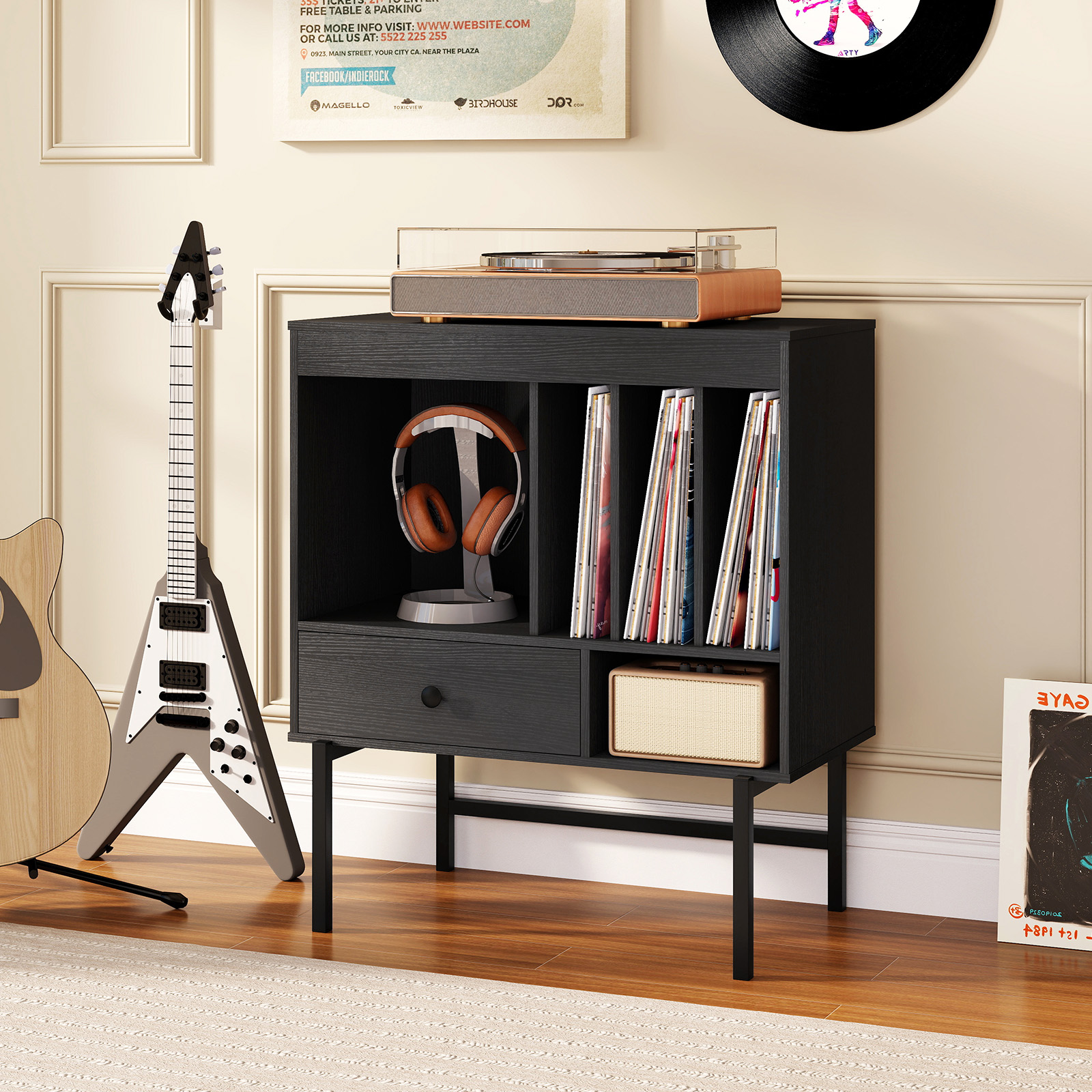 Costway Moderne Platenspelerstandaard Vinylkast met Albumhouders en Lade Bijzetkast Zwart