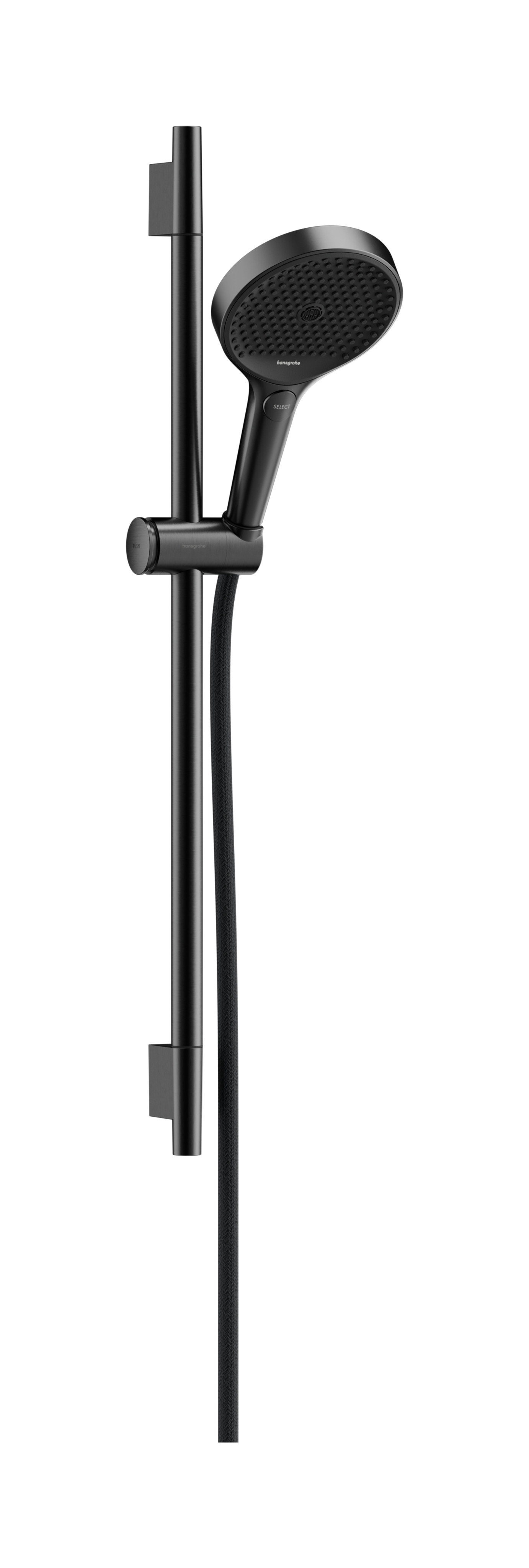 Hansgrohe Rainfinity doucheset 130 3jet met glijstang S Puro 65 cm, push-schuifstuk en Designflex textiel doucheslang 160 cm, Brushed Black Chrome