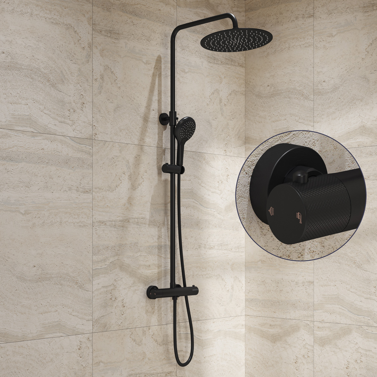 Saniclear Evolution Curved opbouw regendouche mat zwart met 20cm hoofddouche en 2 standen handdouche