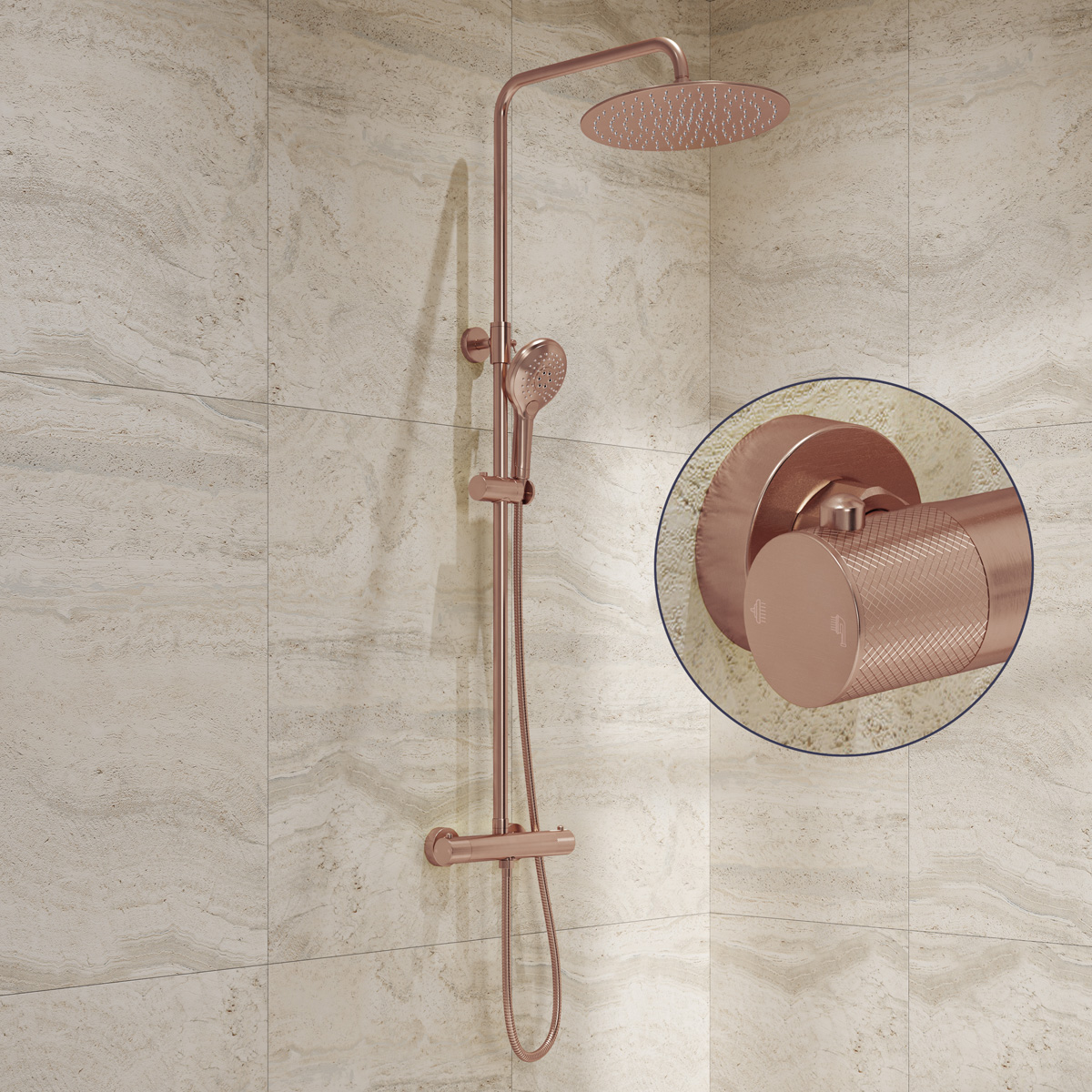 Saniclear Evolution Curved opbouw regendouche geborsteld koper met 30cm hoofddouche en 2 standen handdouche