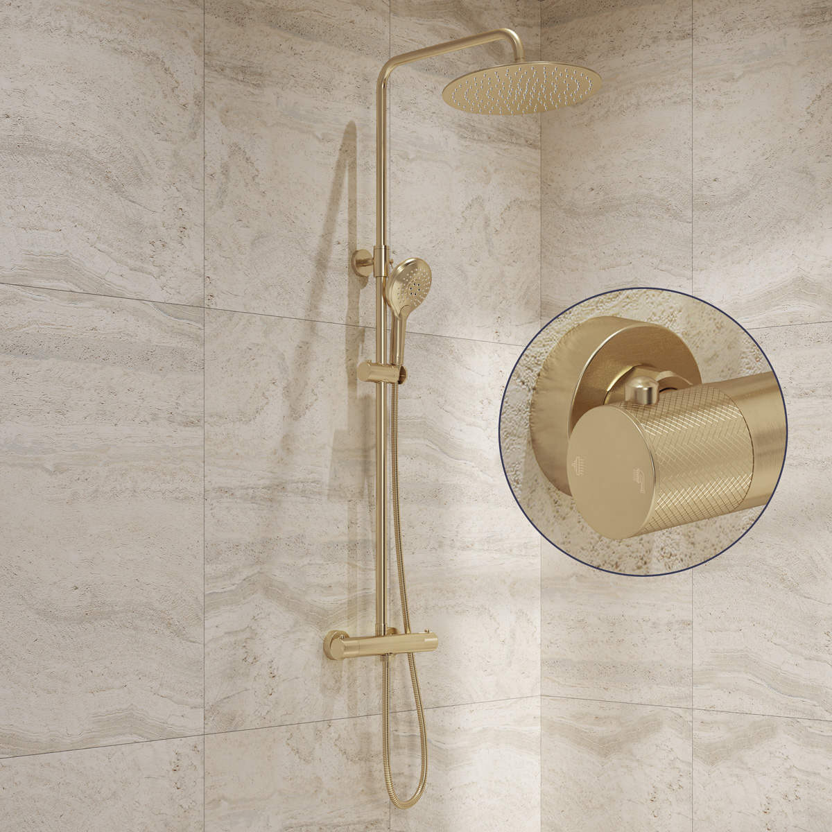 Saniclear Evolution Curved opbouw regendouche geborsteld messing / mat goud met 20cm hoofddouche en 2 standen handdouche