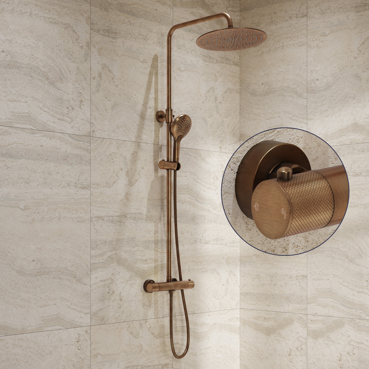 Saniclear Evolution Curved opbouw regendouche verouderd messing met 30cm hoofddouche en 2 standen handdouche