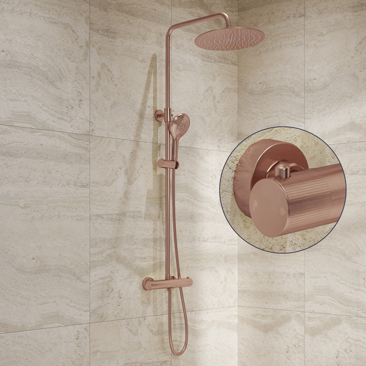 Saniclear Evolution Stripes opbouw regendouche geborsteld koper met 30cm hoofddouche en 2 standen handdouche