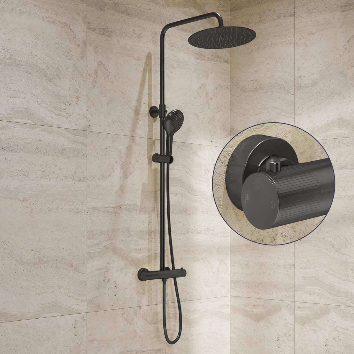 Saniclear Evolution Stripes opbouw regendouche verouderd ijzer / gunmetal met 30cm hoofddouche en 2 standen handdouche