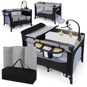 Costway 5-in-1 Babybed met Matras & Verschoontafel & Veilgordel & Speelklok Grijs