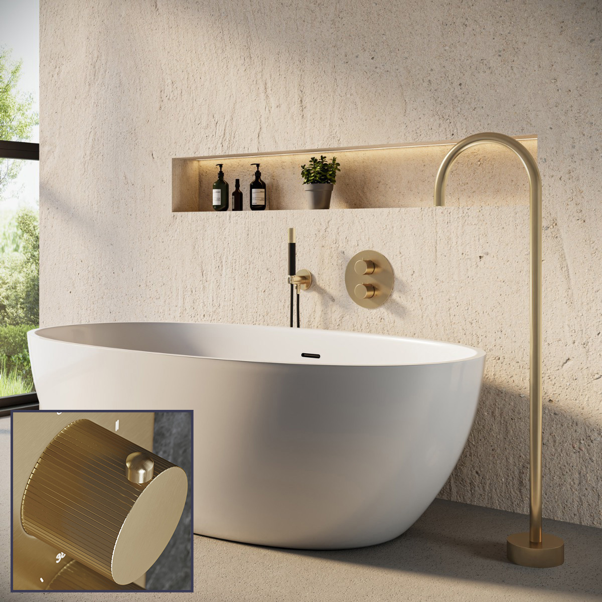 Saniclear Brass Stripes Pro inbouw badkraan rond met vrijstaande uitloop geborsteld messing - mat goud