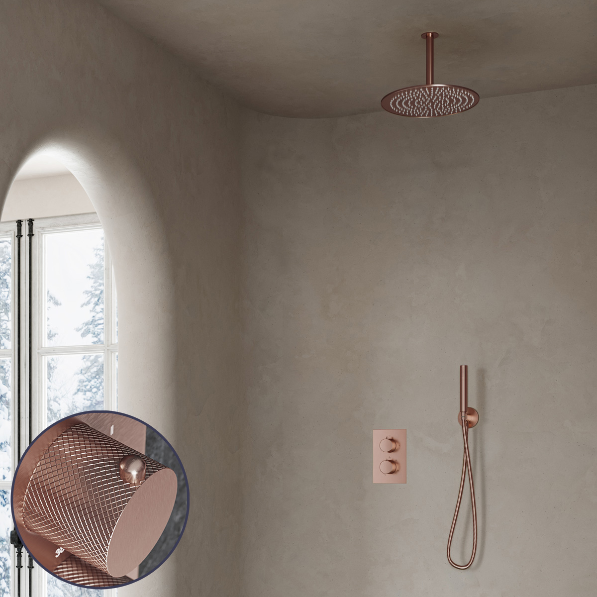 Saniclear Copper Curved inbouw regendouche met 20cm hoofddouche en plafondarm geborsteld koper