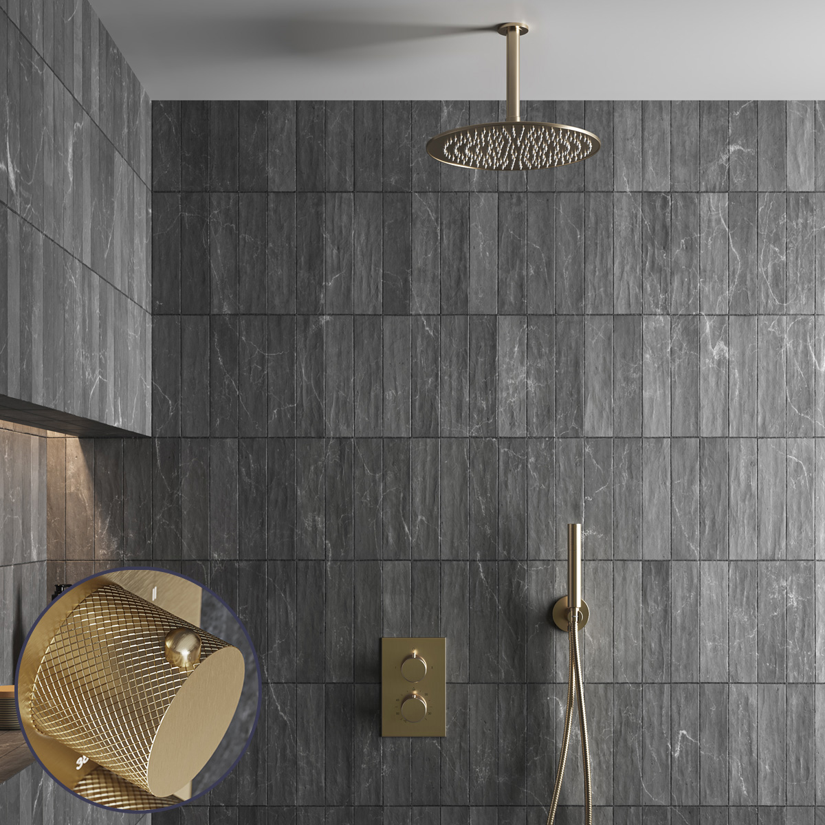 Saniclear Brass Curved inbouw regendouche met 20cm hoofddouche en plafondarm geborsteld messing - mat goud