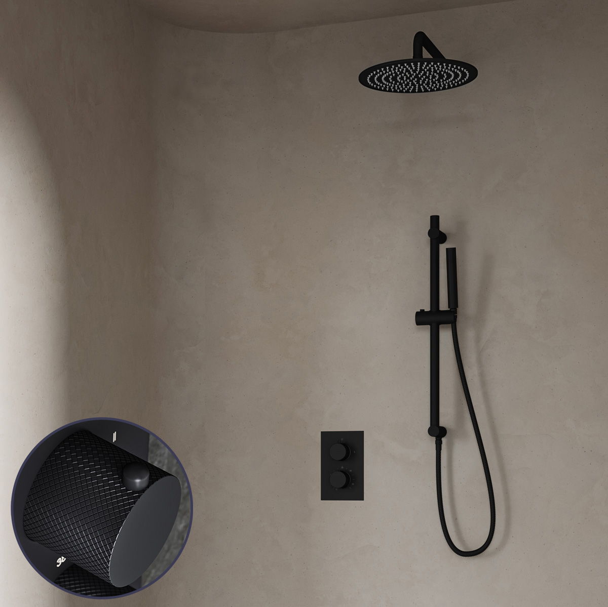 Saniclear Nero Curved inbouw regendouche met 20cm hoofddouche, muurarm en glijstang zwart mat