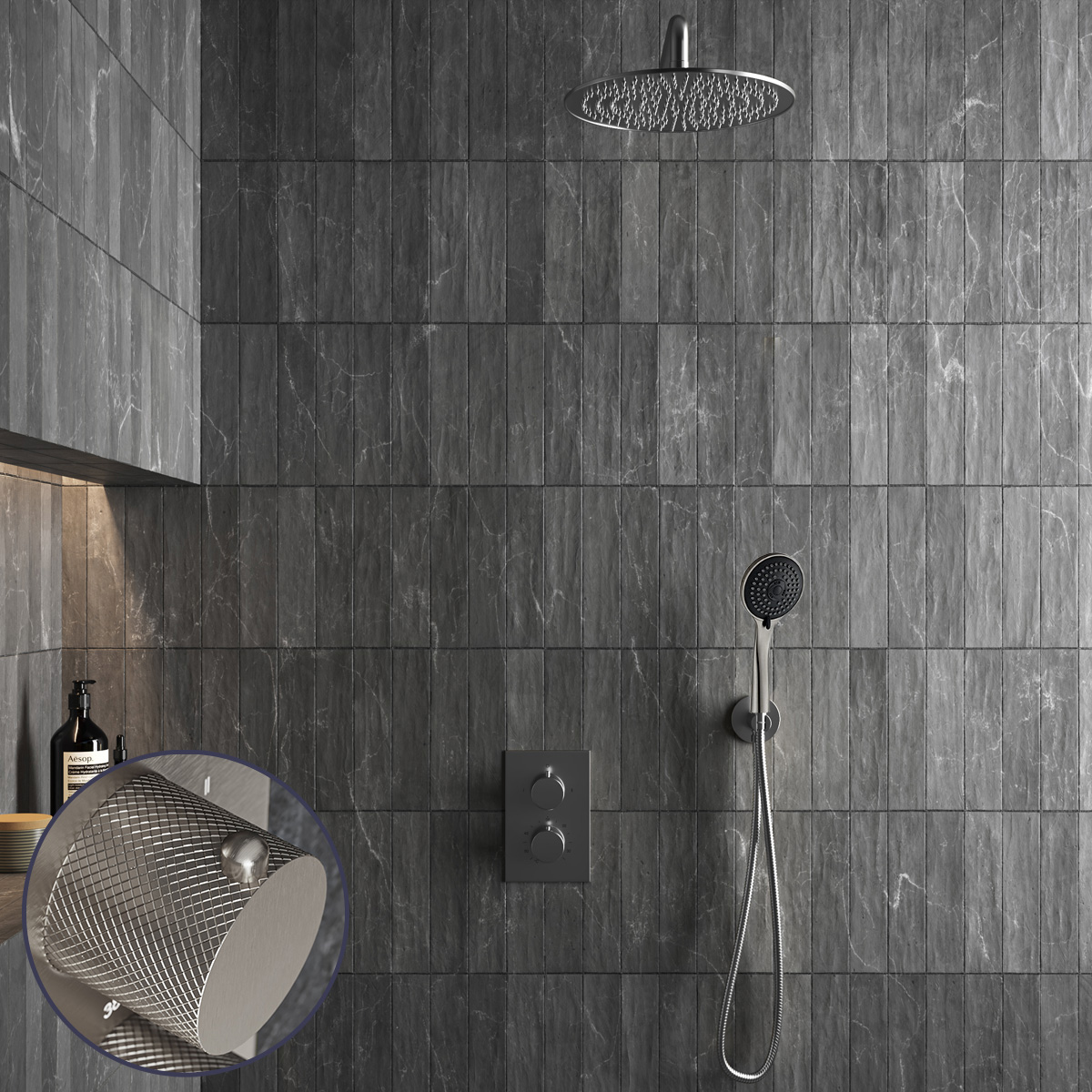 Saniclear Exclusive Curved inbouw regendouche met 30cm hoofddouche, muurarm en 3 standen handdouche RVS