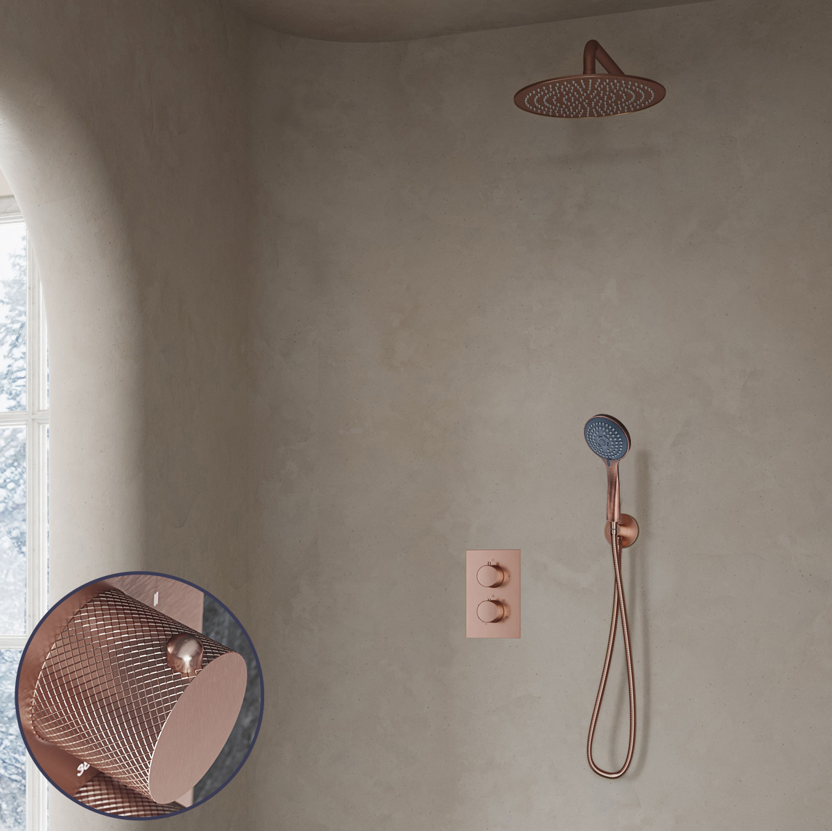 Saniclear Copper Curved inbouw regendouche met 20cm hoofddouche, muurarm en 3 standen handdouche geborsteld koper