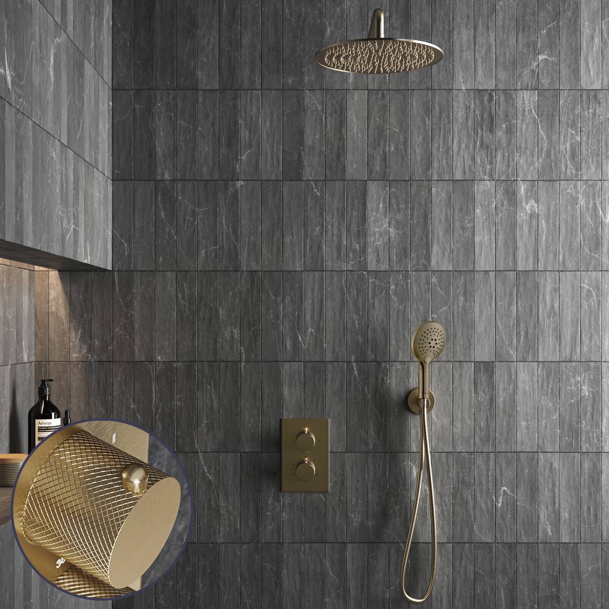 Saniclear Brass Curved inbouw regendouche met 20cm hoofddouche, muurarm en 2 standen handdouche geborsteld messing - mat goud