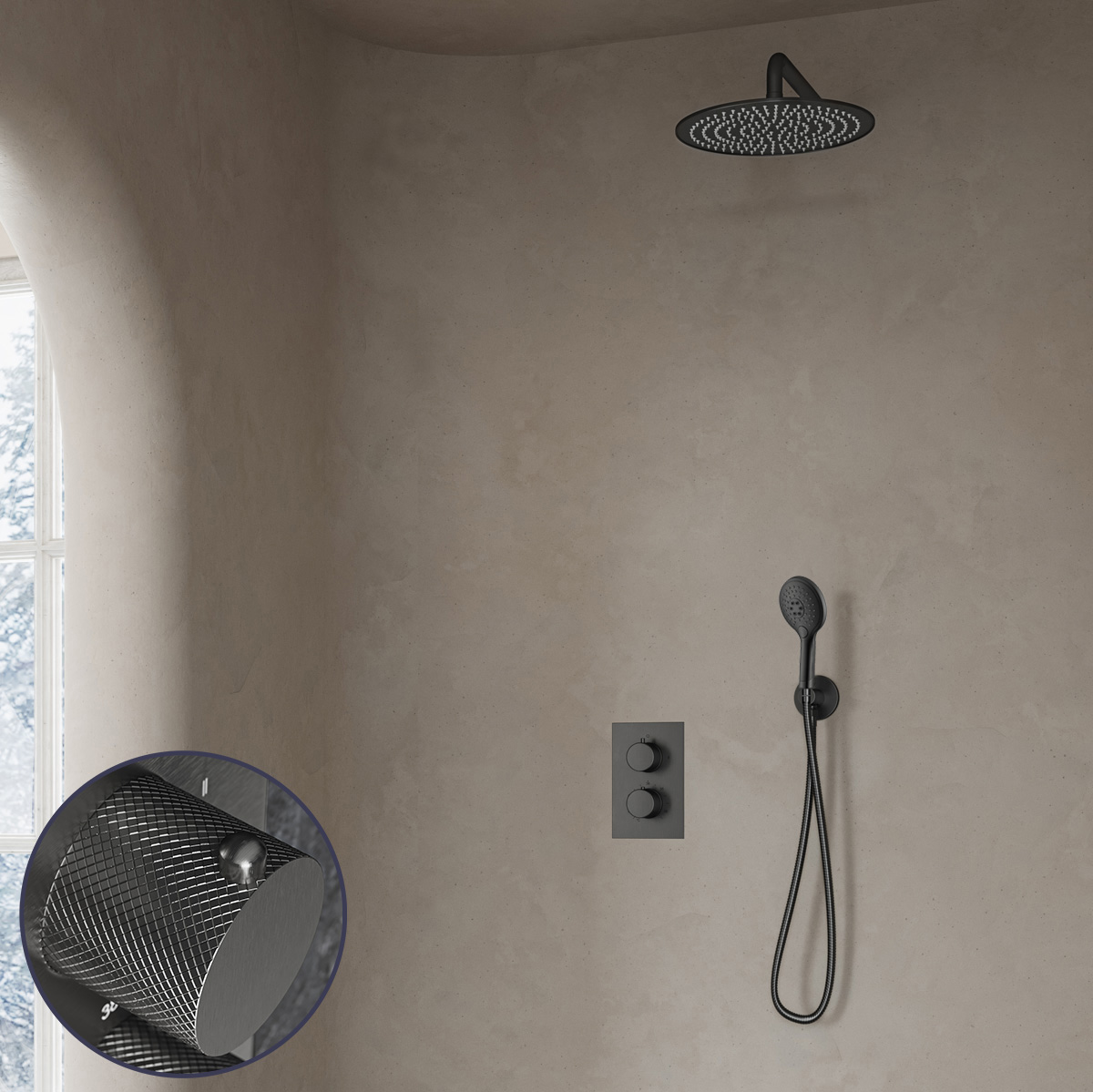 Saniclear Iron Curved inbouw regendouche met 20cm hoofddouche, muurarm en 2 standen handdouche verouderd ijzer - gunmetal