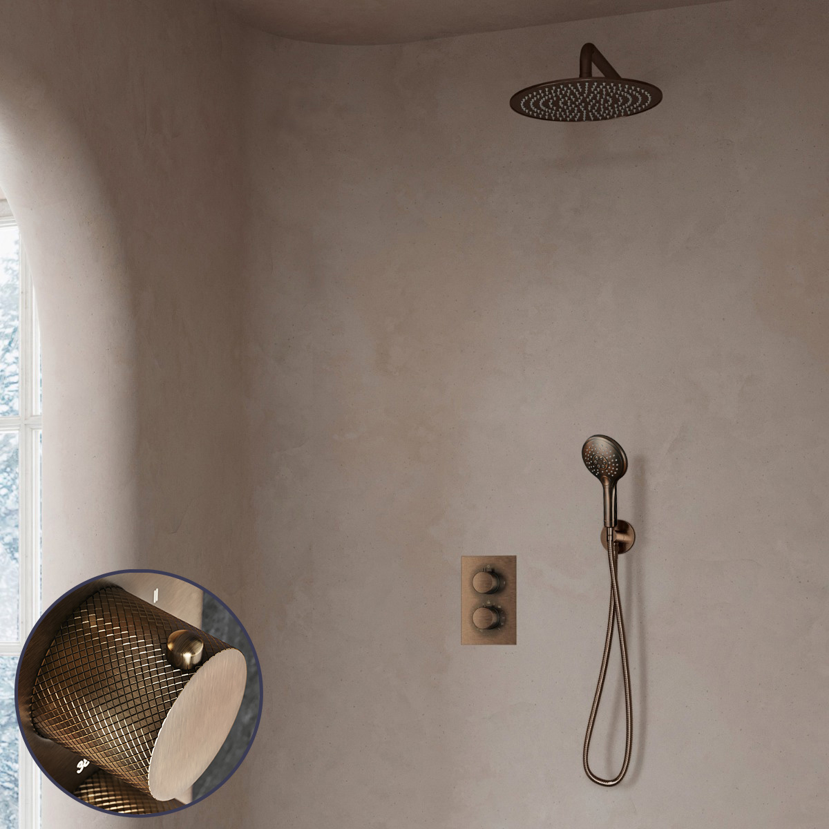 Saniclear Antique Curved inbouw regendouche met 20cm hoofddouche, muurarm en 2 standen handdouche verouderd messing