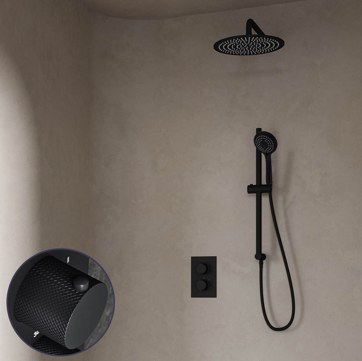 Saniclear Nero Curved inbouw regendouche met 20cm hoofddouche, muurarm, 3 standen handdouche en glijstang zwart mat