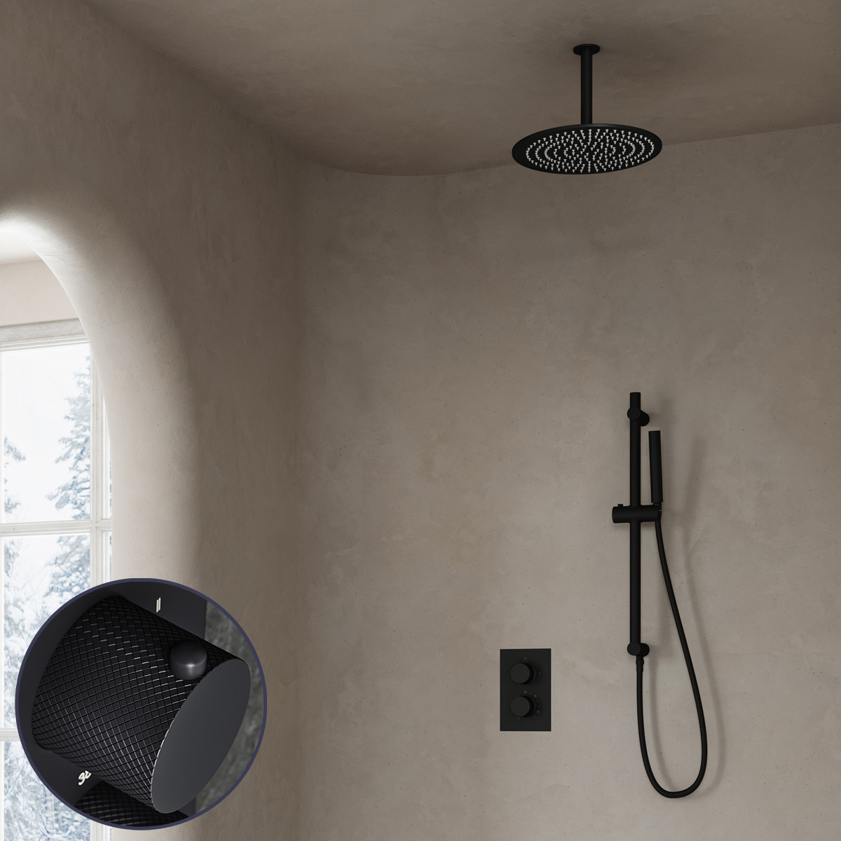 Saniclear Nero Curved inbouw regendouche met 20cm hoofddouche, plafondarm en glijstang zwart mat
