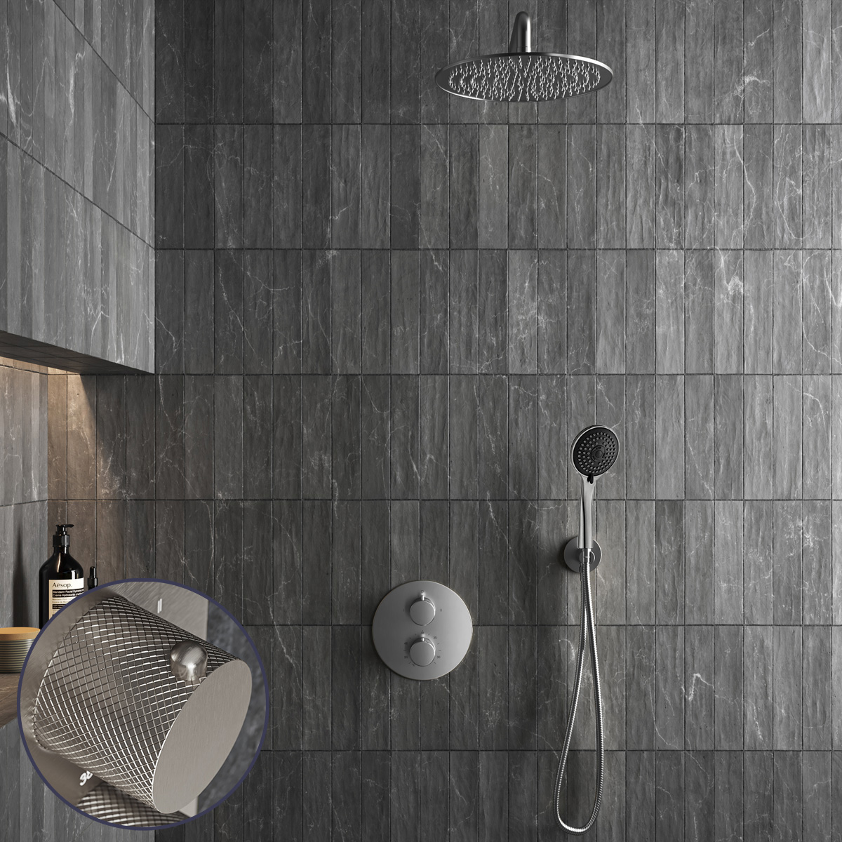 Saniclear Exclusive Curved inbouw regendouche rond met 30cm hoofddouche, muurarm en 3 standen handdouche RVS