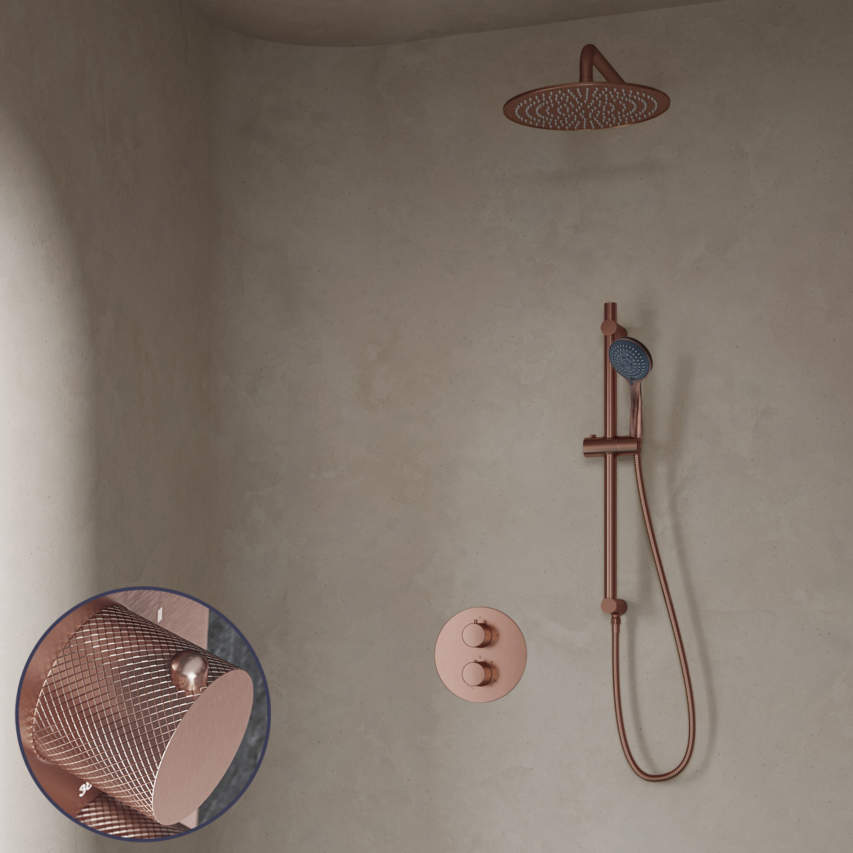 Saniclear Copper Curved inbouw regendouche rond met 20cm hoofddouche, muurarm, 3 standen handdouche en glijstang geborsteld koper
