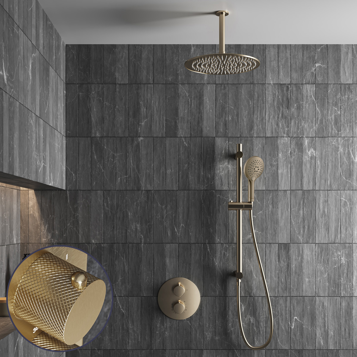 Saniclear Brass Curved inbouw regendouche rond met 20cm hoofddouche, plafondarm, 2 standen handdouche en glijstang geborsteld messing - mat goud