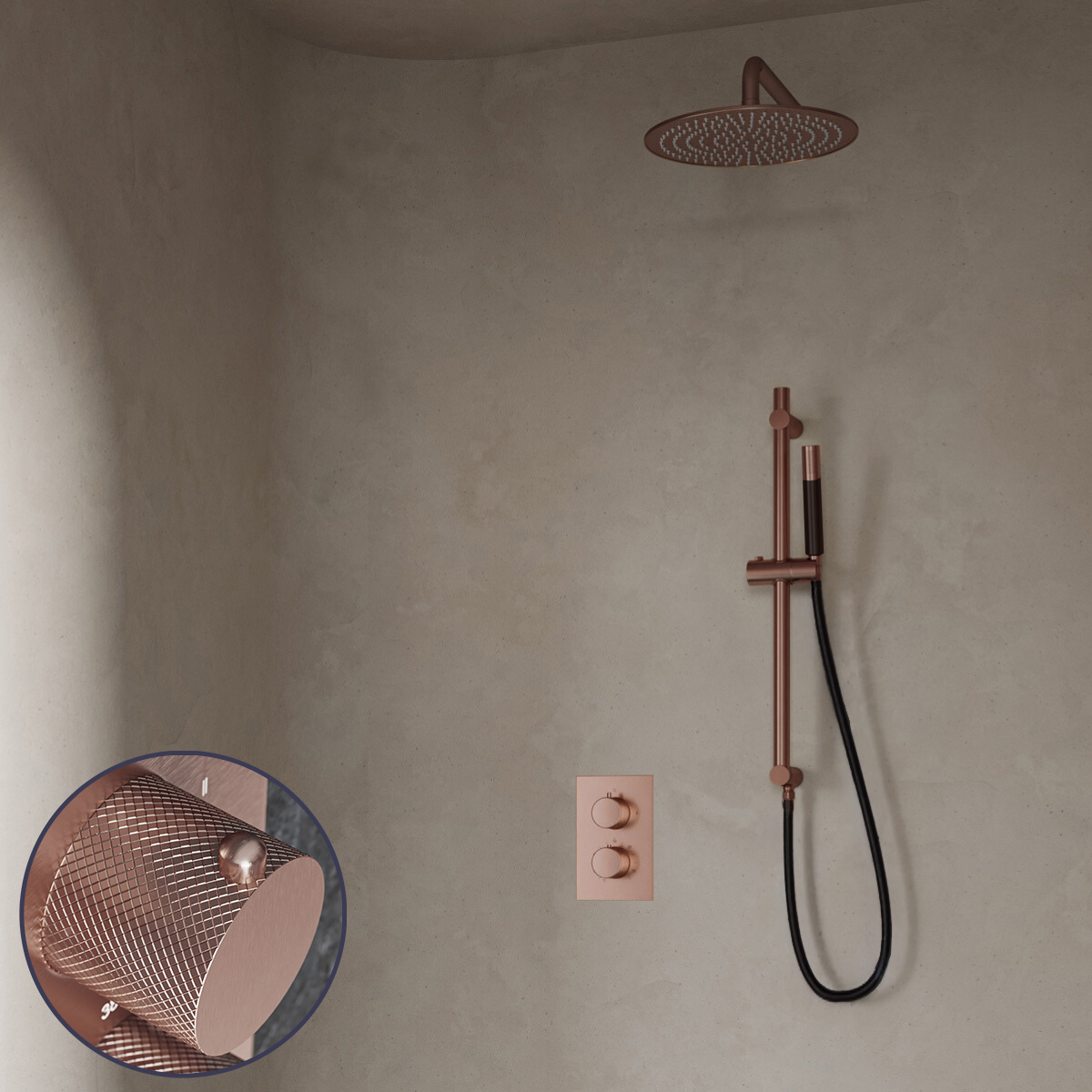 Saniclear Copper Curved Pro inbouw regendouche met 20cm hoofddouche, muurarm en glijstang geborsteld koper