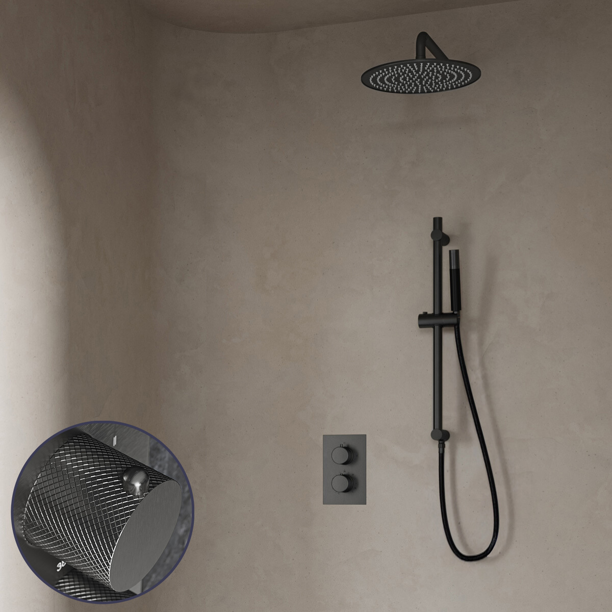 Saniclear Iron Curved Pro inbouw regendouche met 20cm hoofddouche, muurarm en glijstang verouderd ijzer - gunmetal